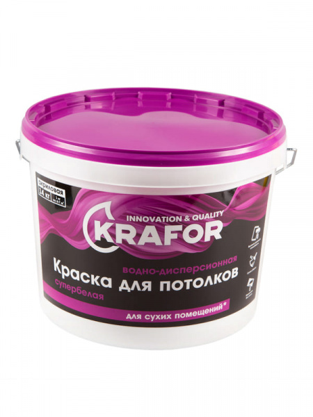 Краска водно-дисперсионная для потолков Krafor, матовая, 3 кг, супербелая